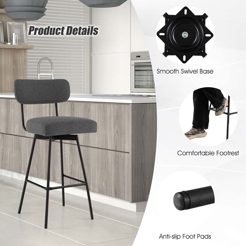 Swivel Bar Stools Set of 2, 29" Upholstered Bar Height Chairs with Back, Footrest & Metal Frame for Kitchen Island, Dining Room, Home Bar