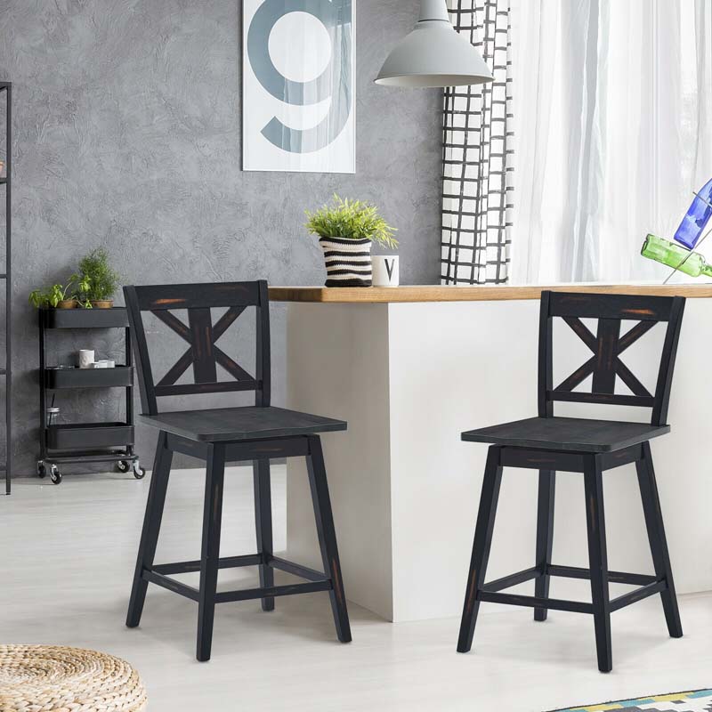 Vintage 360° Swivel Bar Stools Set of 2, Rubber Wood Counter Height Chairs with Back & Non-Slip Foot Pads for Kitchen, Counter, Restaurant