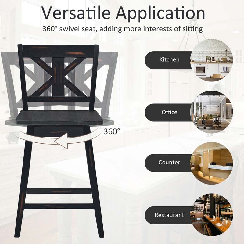 Vintage 360° Swivel Bar Stools Set of 2, Rubber Wood Counter Height Chairs with Back & Non-Slip Foot Pads for Kitchen, Counter, Restaurant
