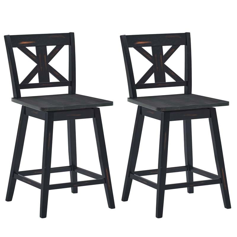 Vintage 360° Swivel Bar Stools Set of 2, Rubber Wood Counter Height Chairs with Back & Non-Slip Foot Pads for Kitchen, Counter, Restaurant