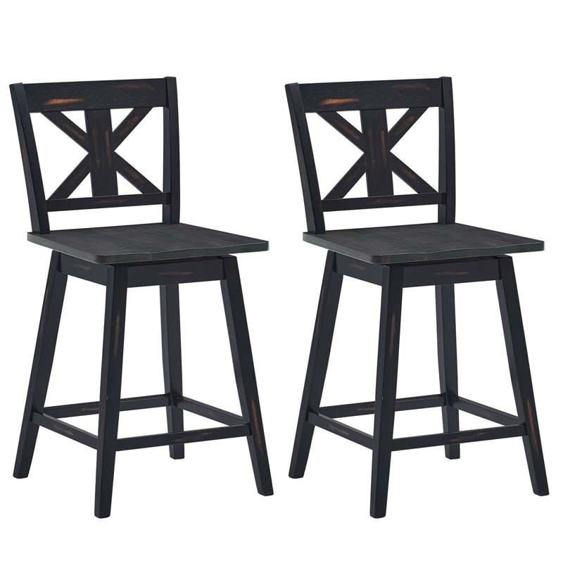 2-Pack Vintage 360° Swivel Bar Stools, Rubber Wood Counter Height Chairs with Non-Slip Foot Pads