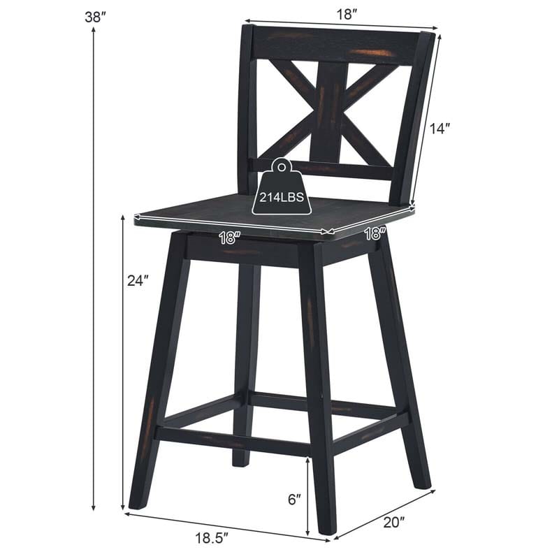 Vintage 360° Swivel Bar Stools Set of 2, Rubber Wood Counter Height Chairs with Back & Non-Slip Foot Pads for Kitchen, Counter, Restaurant