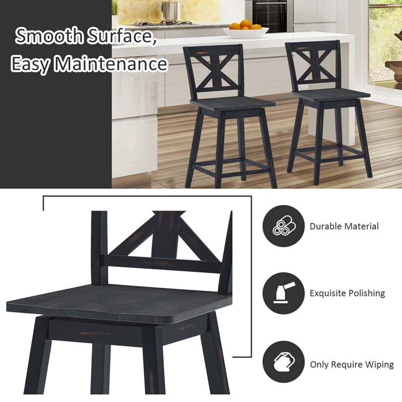 Vintage 360° Swivel Bar Stools Set of 2, Rubber Wood Counter Height Chairs with Back & Non-Slip Foot Pads for Kitchen, Counter, Restaurant