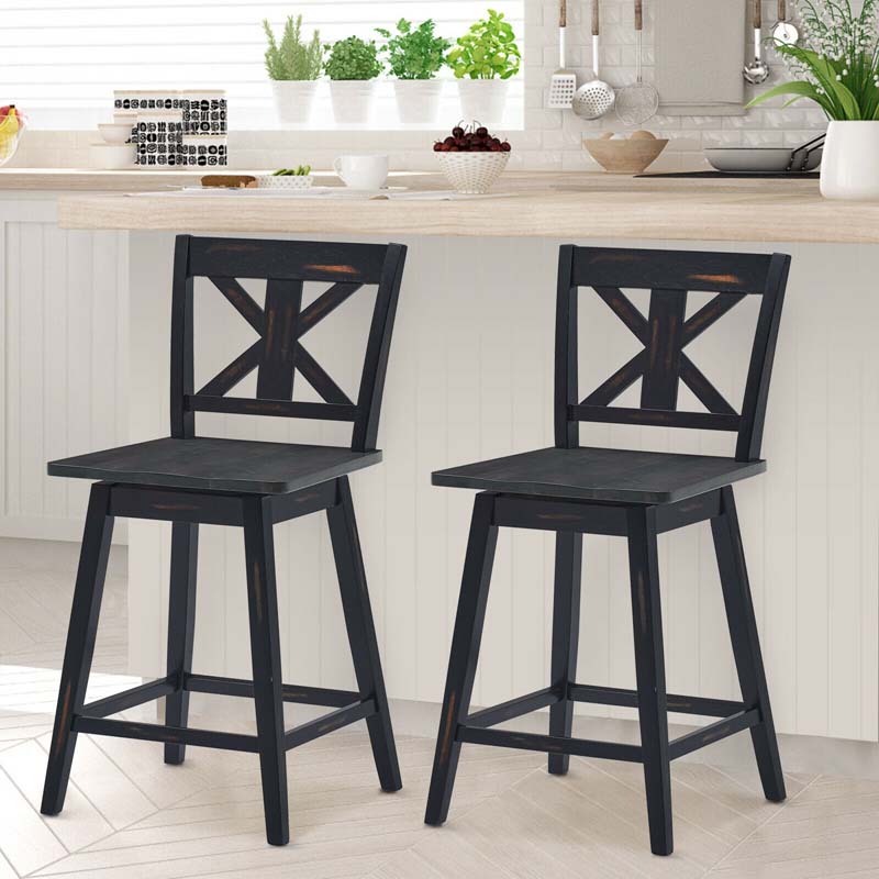 Vintage 360° Swivel Bar Stools Set of 2, Rubber Wood Counter Height Chairs with Back & Non-Slip Foot Pads for Kitchen, Counter, Restaurant
