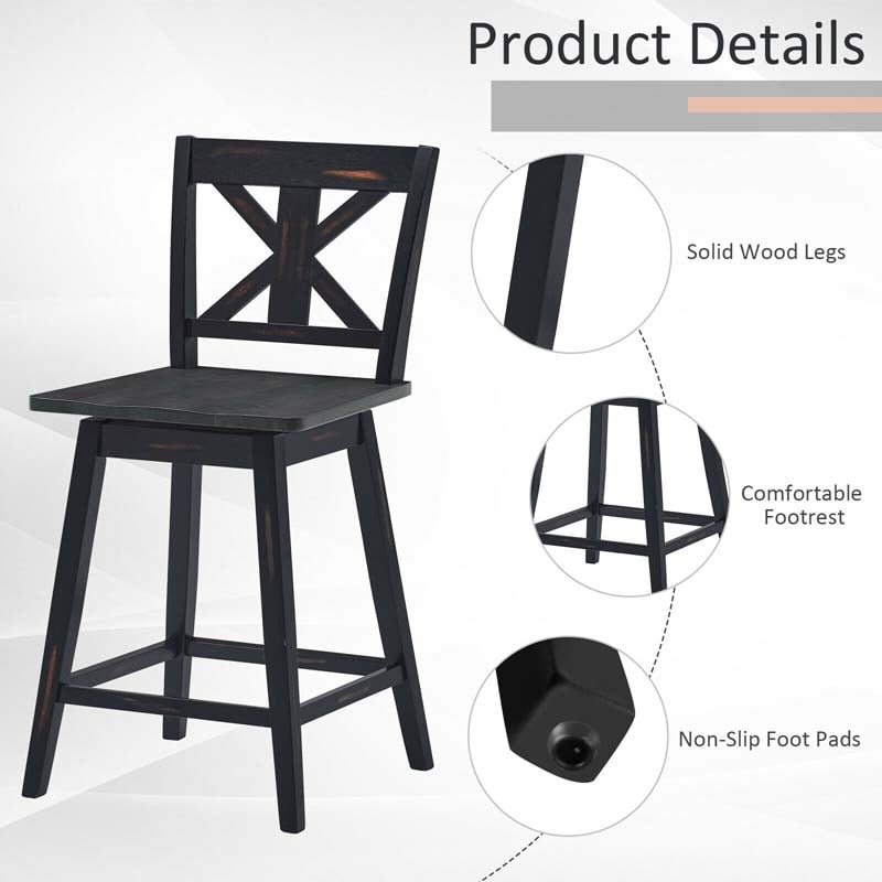 Vintage 360° Swivel Bar Stools Set of 2, Rubber Wood Counter Height Chairs with Back & Non-Slip Foot Pads for Kitchen, Counter, Restaurant