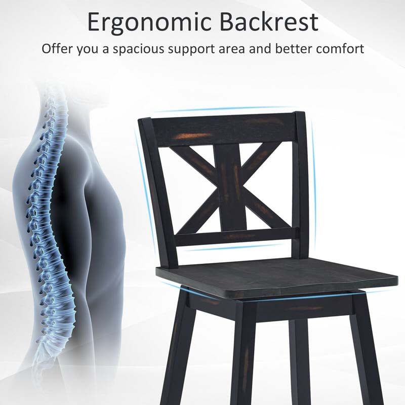 Vintage 360° Swivel Bar Stools Set of 2, Rubber Wood Counter Height Chairs with Back & Non-Slip Foot Pads for Kitchen, Counter, Restaurant