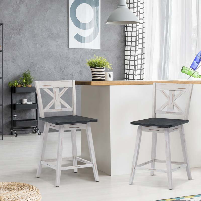 Vintage 360° Swivel Bar Stools Set of 2, Rubber Wood Counter Height Chairs with Back & Non-Slip Foot Pads for Kitchen, Counter, Restaurant
