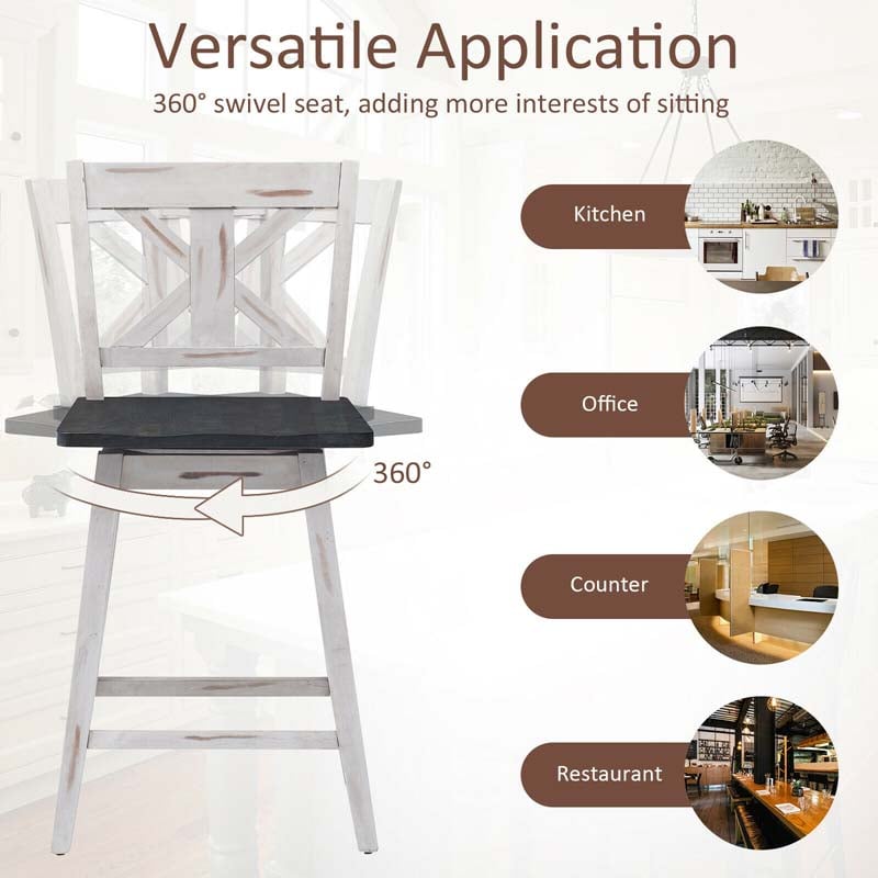 Vintage 360° Swivel Bar Stools Set of 2, Rubber Wood Counter Height Chairs with Back & Non-Slip Foot Pads for Kitchen, Counter, Restaurant