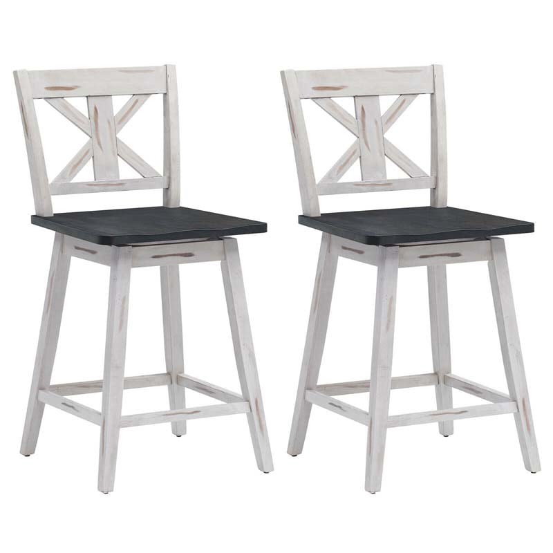 Vintage 360° Swivel Bar Stools Set of 2, Rubber Wood Counter Height Chairs with Back & Non-Slip Foot Pads for Kitchen, Counter, Restaurant
