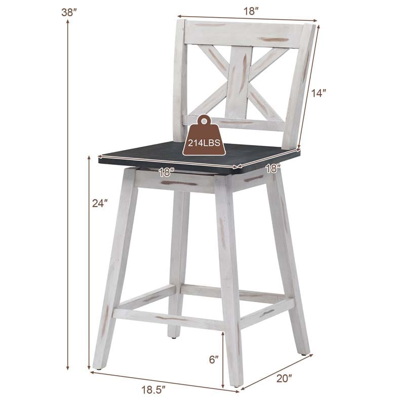 Vintage 360° Swivel Bar Stools Set of 2, Rubber Wood Counter Height Chairs with Back & Non-Slip Foot Pads for Kitchen, Counter, Restaurant