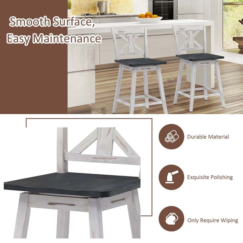 Vintage 360° Swivel Bar Stools Set of 2, Rubber Wood Counter Height Chairs with Back & Non-Slip Foot Pads for Kitchen, Counter, Restaurant