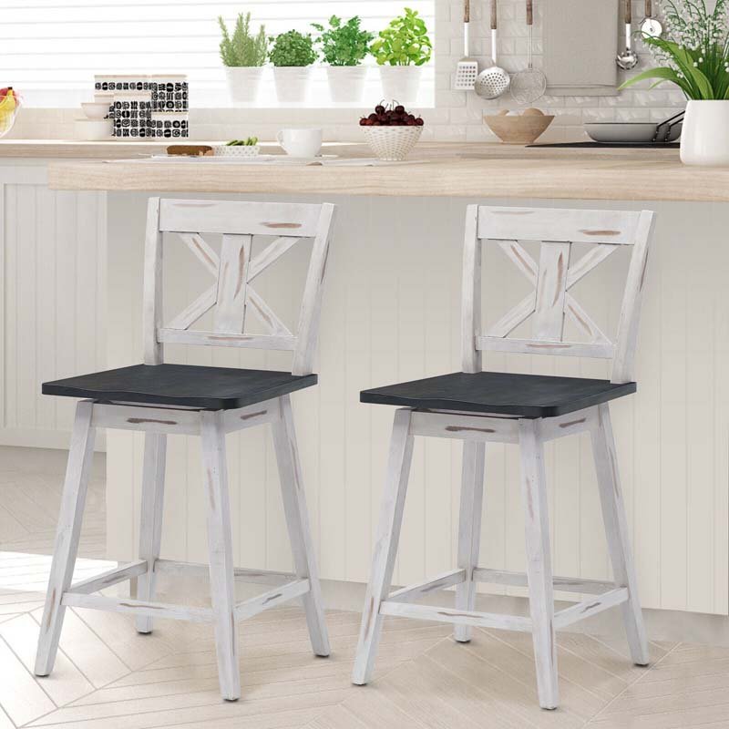 Vintage 360° Swivel Bar Stools Set of 2, Rubber Wood Counter Height Chairs with Back & Non-Slip Foot Pads for Kitchen, Counter, Restaurant