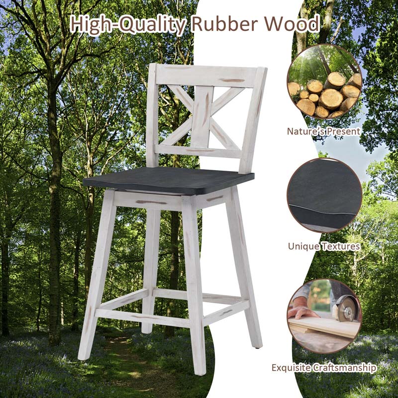 Vintage 360° Swivel Bar Stools Set of 2, Rubber Wood Counter Height Chairs with Back & Non-Slip Foot Pads for Kitchen, Counter, Restaurant