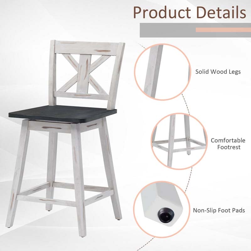Vintage 360° Swivel Bar Stools Set of 2, Rubber Wood Counter Height Chairs with Back & Non-Slip Foot Pads for Kitchen, Counter, Restaurant