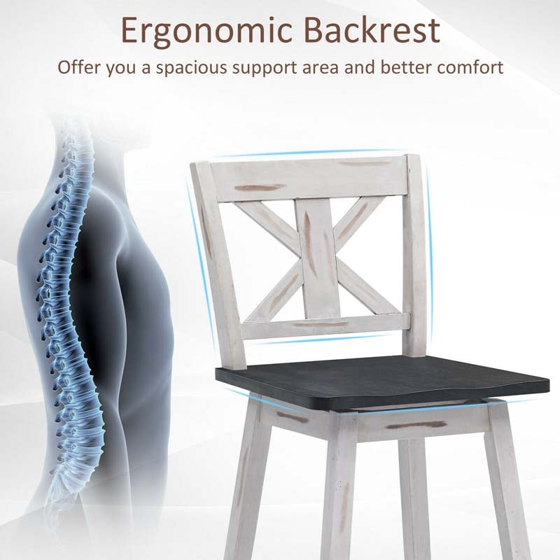 Vintage 360° Swivel Bar Stools Set of 2, Rubber Wood Counter Height Chairs with Back & Non-Slip Foot Pads for Kitchen, Counter, Restaurant