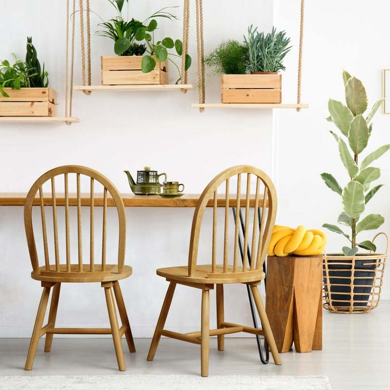 2Pcs Vintage Wood Windsor Dining Side Chairs with Spindle Back, French Country Armless Kitchen Chairs