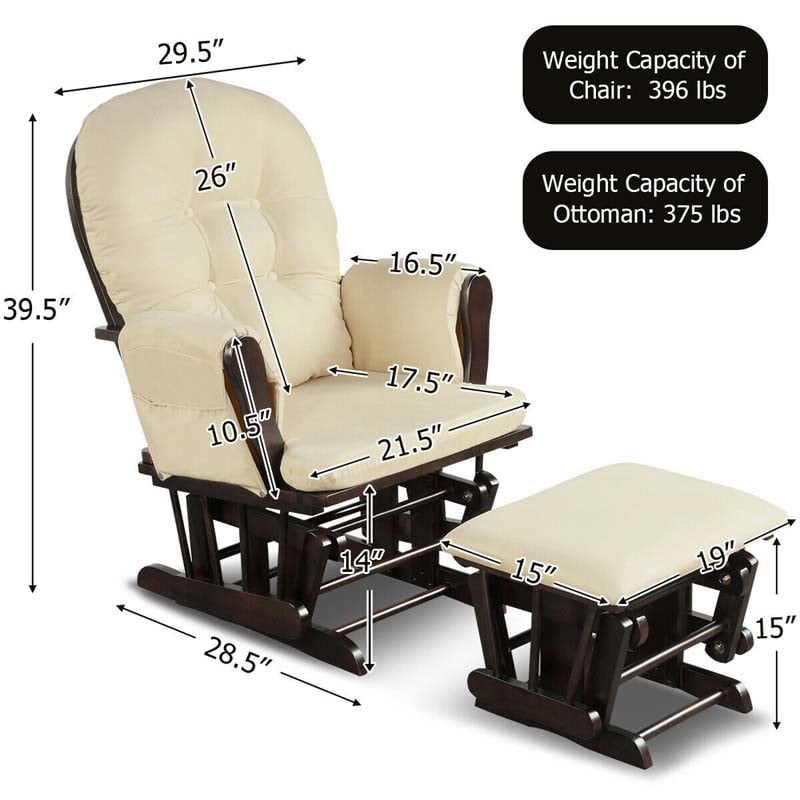 Nursery Glider & Ottoman Set, Upholstered Baby Glider Rocker Chair with Cushion, Storage Pocket, Solid Wood Base for Breastfeeding Napping