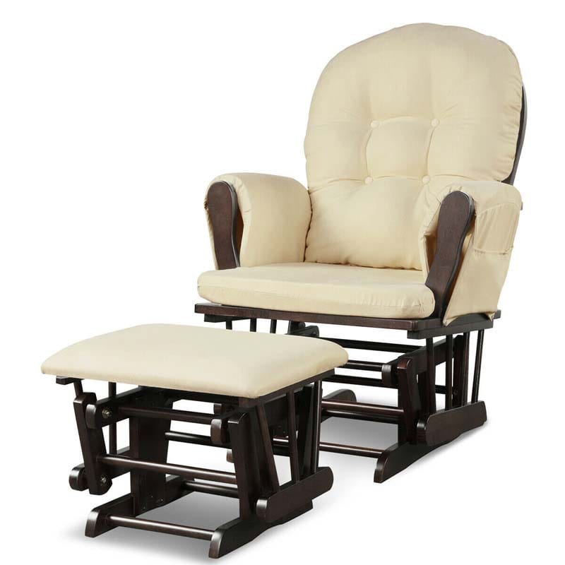 Nursery Glider & Ottoman Set, Upholstered Baby Glider Rocker Chair with Cushion, Storage Pocket, Solid Wood Base for Breastfeeding Napping