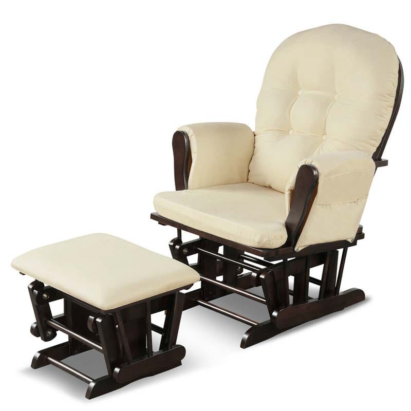 Nursery Glider & Ottoman Set, Upholstered Baby Glider Rocker Chair with Cushion, Storage Pocket, Solid Wood Base for Breastfeeding Napping