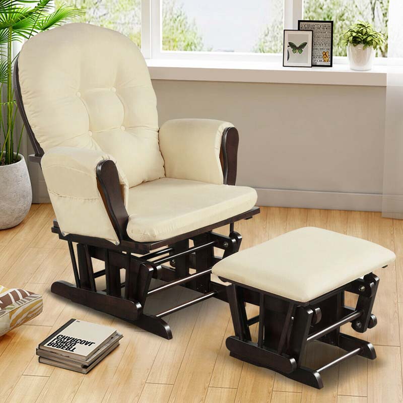Nursery Glider & Ottoman Set, Upholstered Baby Glider Rocker Chair with Cushion, Storage Pocket, Solid Wood Base for Breastfeeding Napping