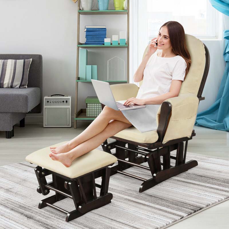 Nursery Glider & Ottoman Set, Upholstered Baby Glider Rocker Chair with Cushion, Storage Pocket, Solid Wood Base for Breastfeeding Napping