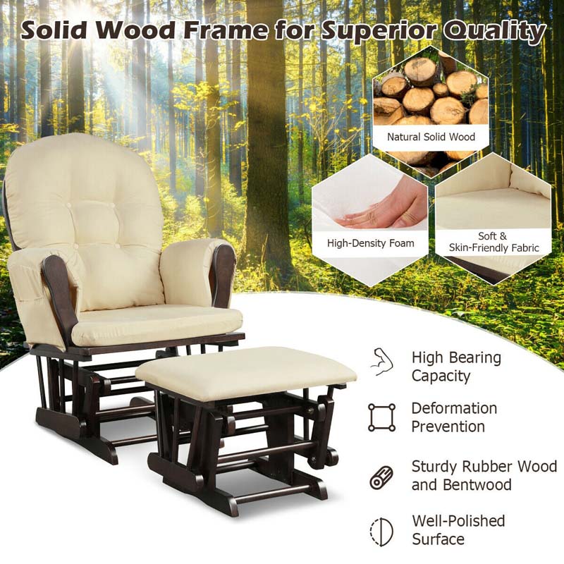 Nursery Glider & Ottoman Set, Upholstered Baby Glider Rocker Chair with Cushion, Storage Pocket, Solid Wood Base for Breastfeeding Napping
