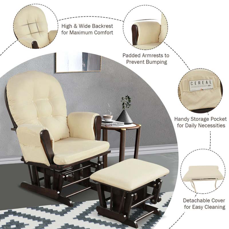 Nursery Glider & Ottoman Set, Upholstered Baby Glider Rocker Chair with Cushion, Storage Pocket, Solid Wood Base for Breastfeeding Napping