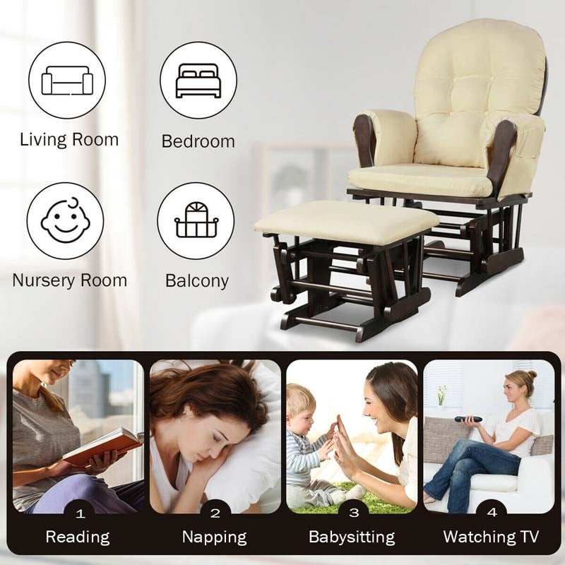 Nursery Glider & Ottoman Set, Upholstered Baby Glider Rocker Chair with Cushion, Storage Pocket, Solid Wood Base for Breastfeeding Napping