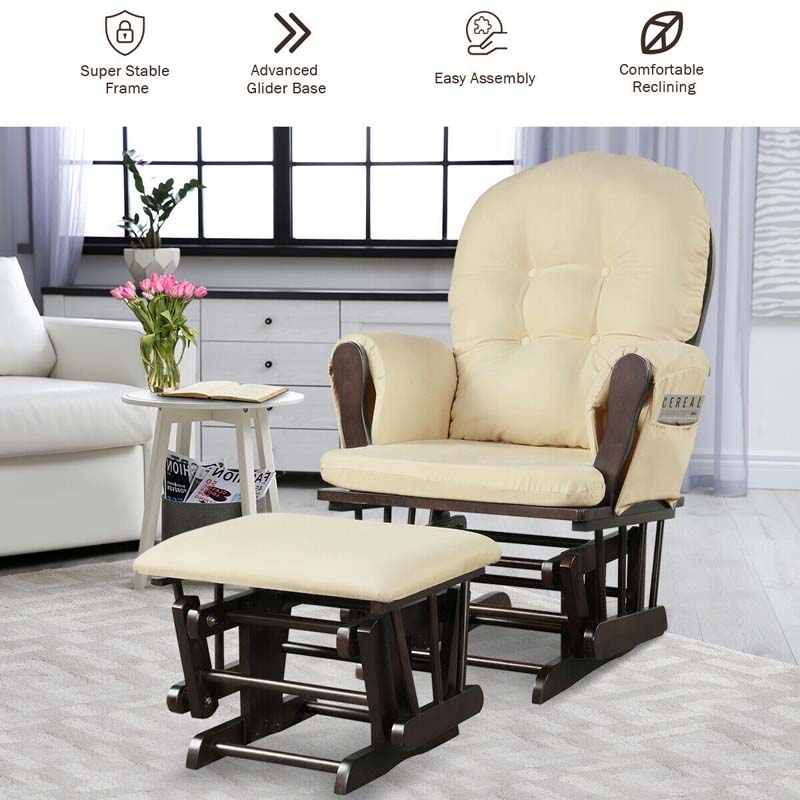 Nursery Glider & Ottoman Set, Upholstered Baby Glider Rocker Chair with Cushion, Storage Pocket, Solid Wood Base for Breastfeeding Napping
