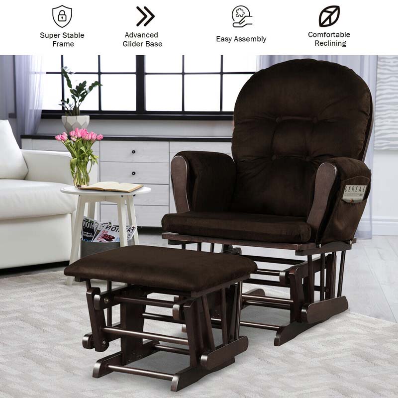 Nursery Glider & Ottoman Set, Upholstered Baby Glider Rocker Chair with Cushion, Storage Pocket, Solid Wood Base for Breastfeeding Napping