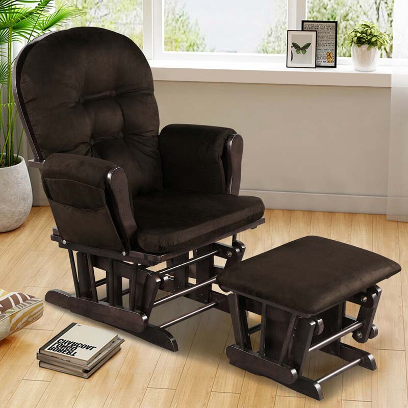 Nursery Glider & Ottoman Set, Upholstered Baby Glider Rocker Chair with Cushion, Storage Pocket, Solid Wood Base for Breastfeeding Napping