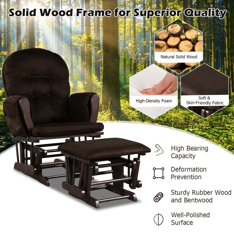 Nursery Glider & Ottoman Set, Upholstered Baby Glider Rocker Chair with Cushion, Storage Pocket, Solid Wood Base for Breastfeeding Napping