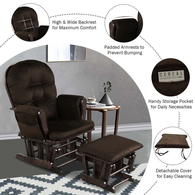 Nursery Glider & Ottoman Set, Upholstered Baby Glider Rocker Chair with Cushion, Storage Pocket, Solid Wood Base for Breastfeeding Napping