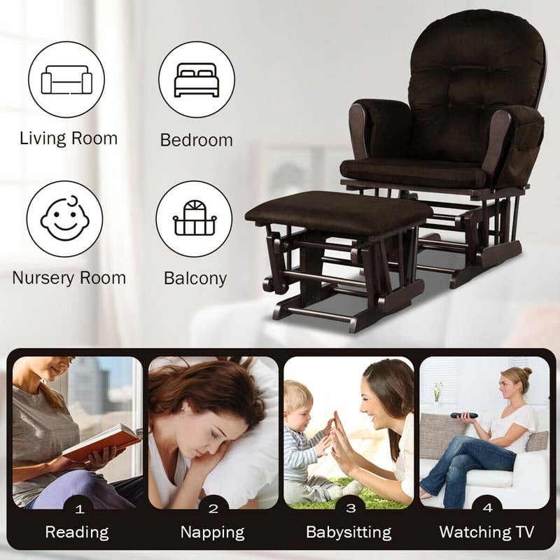 Nursery Glider & Ottoman Set, Upholstered Baby Glider Rocker Chair with Cushion, Storage Pocket, Solid Wood Base for Breastfeeding Napping