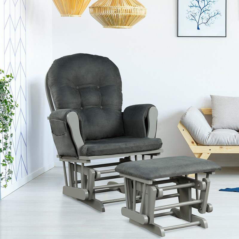 Nursery Glider & Ottoman Set, Upholstered Baby Glider Rocker Chair with Cushion, Storage Pocket, Solid Wood Base for Breastfeeding Napping