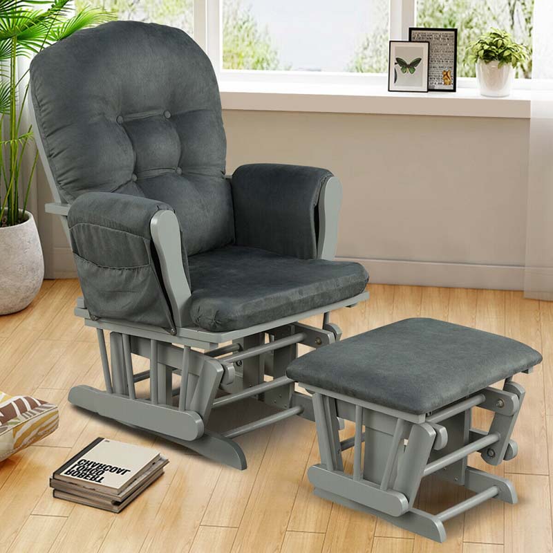 Nursery Glider & Ottoman Set, Upholstered Baby Glider Rocker Chair with Cushion, Storage Pocket, Solid Wood Base for Breastfeeding Napping