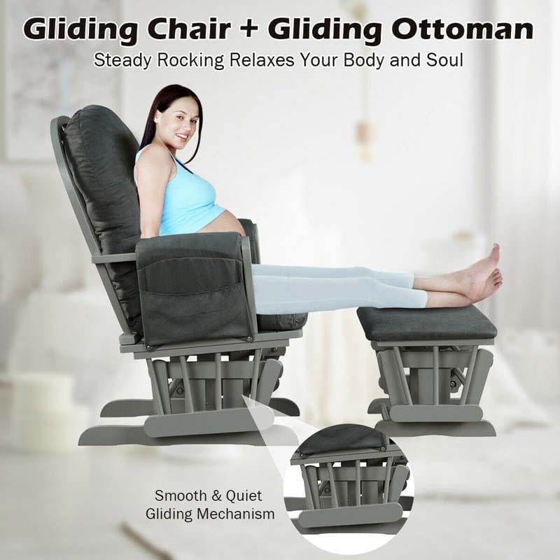 Nursery Glider & Ottoman Set, Upholstered Baby Glider Rocker Chair with Cushion, Storage Pocket, Solid Wood Base for Breastfeeding Napping