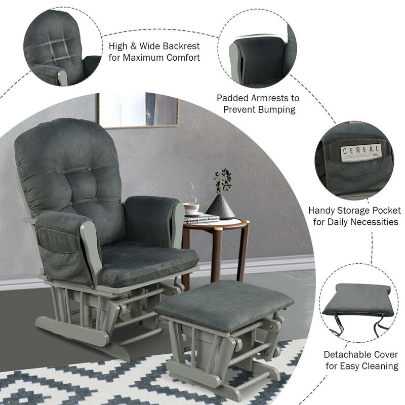 Nursery Glider & Ottoman Set, Upholstered Baby Glider Rocker Chair with Cushion, Storage Pocket, Solid Wood Base for Breastfeeding Napping