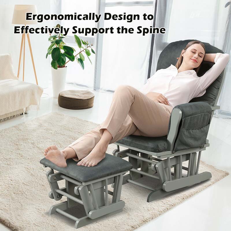 Nursery Glider & Ottoman Set, Upholstered Baby Glider Rocker Chair with Cushion, Storage Pocket, Solid Wood Base for Breastfeeding Napping