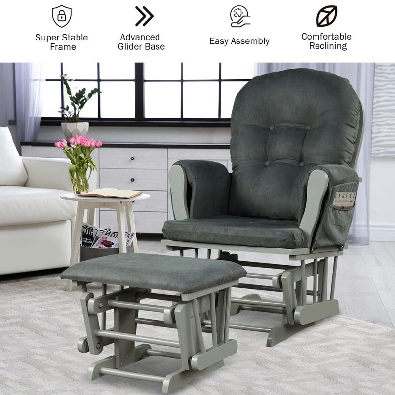 Nursery Glider & Ottoman Set, Upholstered Baby Glider Rocker Chair with Cushion, Storage Pocket, Solid Wood Base for Breastfeeding Napping