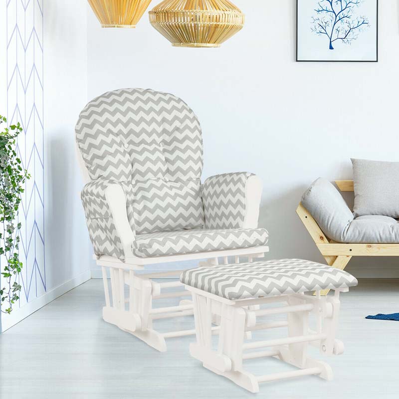 Glider Rocking Chair & Ottoman Set Solid Wood Baby Rocker Nursery Chair With Padded Cushions & Pockets