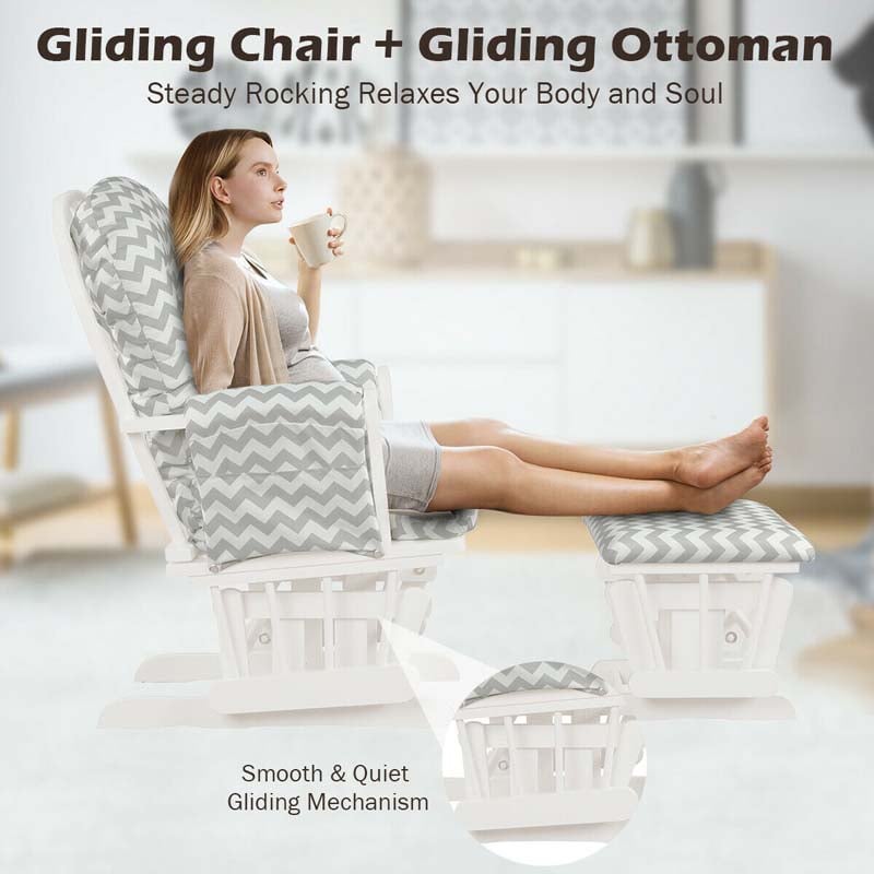 Nursery Glider & Ottoman Set, Upholstered Baby Glider Rocker Chair with Cushion, Storage Pocket, Solid Wood Base for Breastfeeding Napping