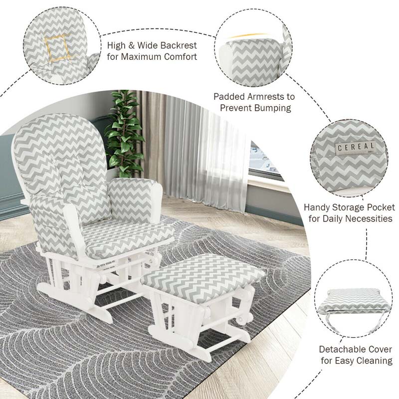 Nursery Glider & Ottoman Set, Upholstered Baby Glider Rocker Chair with Cushion, Storage Pocket, Solid Wood Base for Breastfeeding Napping