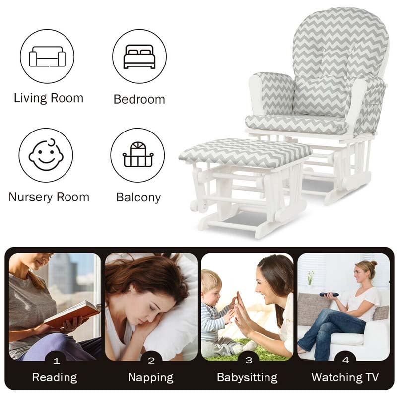 Nursery Glider & Ottoman Set, Upholstered Baby Glider Rocker Chair with Cushion, Storage Pocket, Solid Wood Base for Breastfeeding Napping
