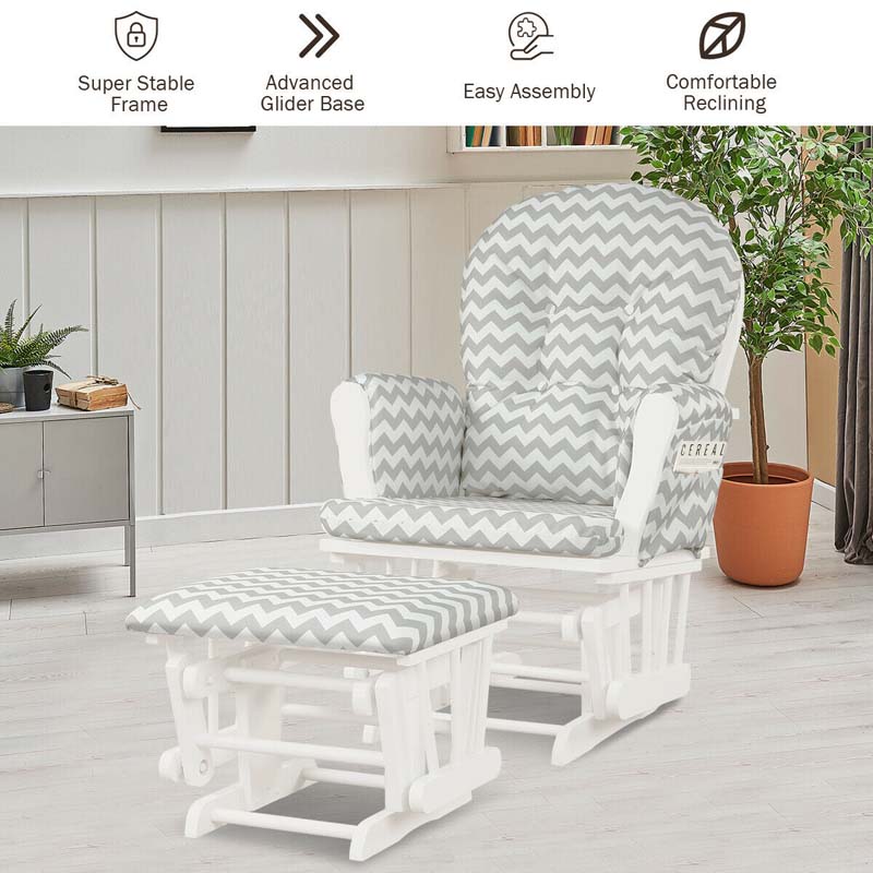 Nursery Glider & Ottoman Set, Upholstered Baby Glider Rocker Chair with Cushion, Storage Pocket, Solid Wood Base for Breastfeeding Napping