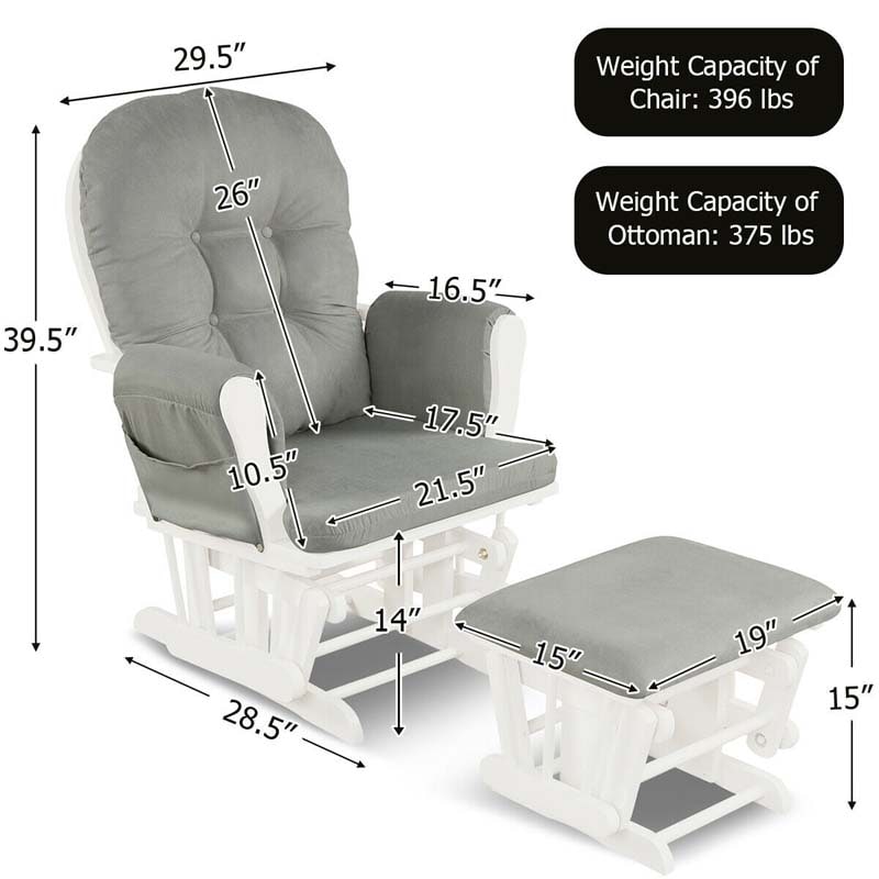 Nursery Glider & Ottoman Set, Upholstered Baby Glider Rocker Chair with Cushion, Storage Pocket, Solid Wood Base for Breastfeeding Napping