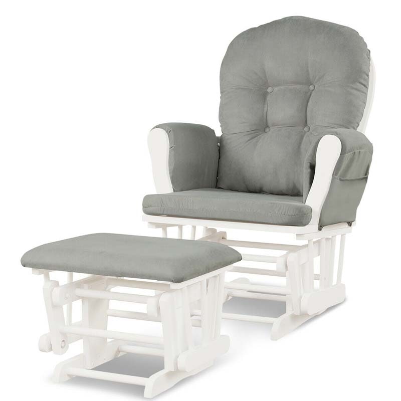 Nursery Glider & Ottoman Set, Upholstered Baby Glider Rocker Chair with Cushion, Storage Pocket, Solid Wood Base for Breastfeeding Napping