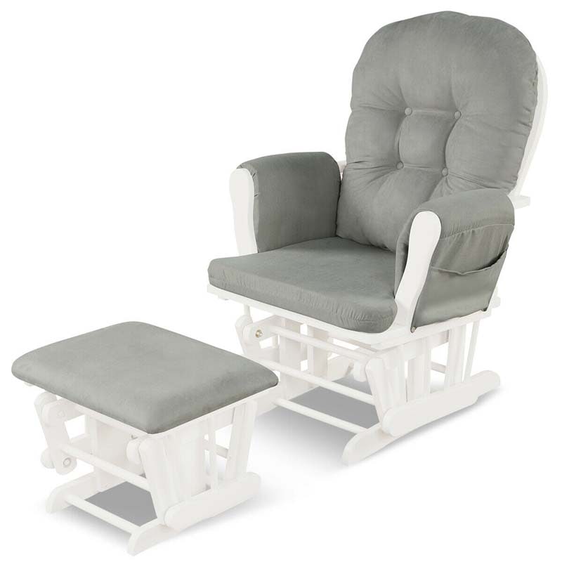 Nursery Glider & Ottoman Set, Upholstered Baby Glider Rocker Chair with Cushion, Storage Pocket, Solid Wood Base for Breastfeeding Napping
