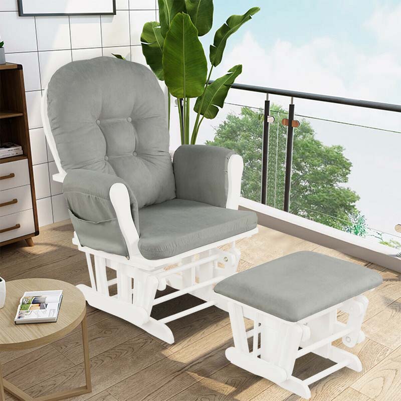 Nursery Glider & Ottoman Set, Upholstered Baby Glider Rocker Chair with Cushion, Storage Pocket, Solid Wood Base for Breastfeeding Napping