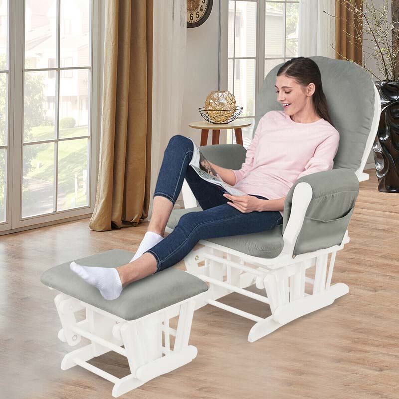 Nursery Glider & Ottoman Set, Upholstered Baby Glider Rocker Chair with Cushion, Storage Pocket, Solid Wood Base for Breastfeeding Napping